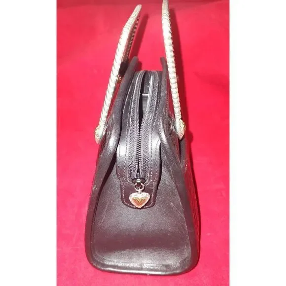 Vintage 1980s Brighton Black Croc Embossed Leather Double Metal Handle Box Purse